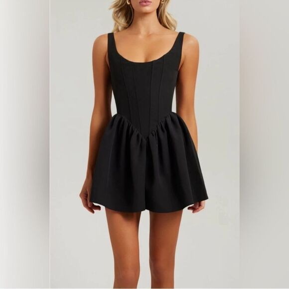 Heiress Beverly Hills Mini Black Dress Corset Flared Crepe size S - Picture 3 of 8